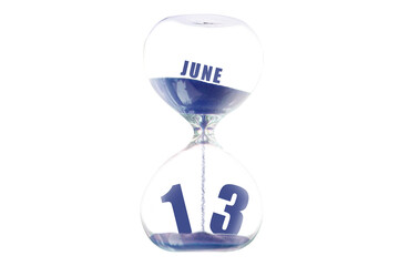 june 13th. Day 13 of month,Hour glass and calendar concept. Sand glass on white background with calendar month and date. schedule and deadline summer month, day of the year concept