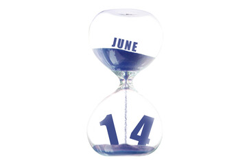 june 14th. Day 14 of month,Hour glass and calendar concept. Sand glass on white background with calendar month and date. schedule and deadline summer month, day of the year concept