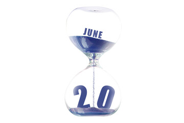 june 20th. Day 20 of month,Hour glass and calendar concept. Sand glass on white background with calendar month and date. schedule and deadline summer month, day of the year concept
