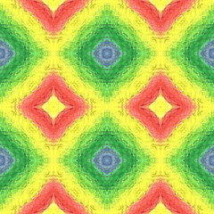 Tibetan Fabric. Yellow, Red, Green Seamless Texture. Abstract Batik Print. Seamless Tie Dye Illustration. Ikat Mexican Print. Tibetan Hand Drawn Fabric Print.