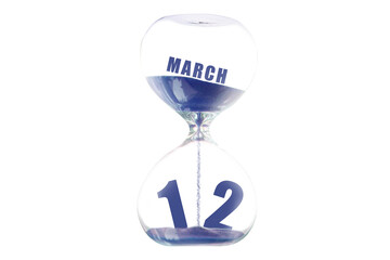 march 12th. Day 12 of month,Hour glass and calendar concept. Sand glass on white background with calendar month and date. schedule and deadline spring month, day of the year concept