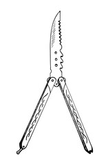 Fototapeta premium Balisong (fan knife, butterfly knife, Batangas knif) folding pocketknife, gravure style hand drawn vector outline illustration