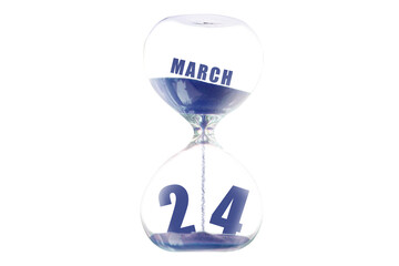 march 24th. Day 24 of month,Hour glass and calendar concept. Sand glass on white background with calendar month and date. schedule and deadline spring month, day of the year concept