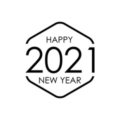 Obraz premium Concepto feliz año nuevo. Logotipo con texto Happy New Year 2021 lineal en hexágono color negro
