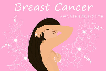 Breast Cancer Awareness Calligraphy Poster Design. Vector Pink flowers. Young topless woman doing breast self-examination (BSE). October is Cancer Awareness Month. 