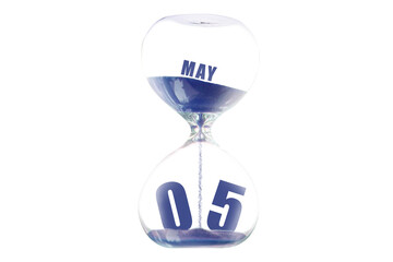 may 5th. Day 5 of month,Hour glass and calendar concept. Sand glass on white background with calendar month and date. schedule and deadline spring month, day of the year concept