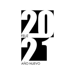 Concepto Happy New Year. Logotipo con texto Feliz Año Nuevo 2021 en español en espacio negativo en cuadrado color negro