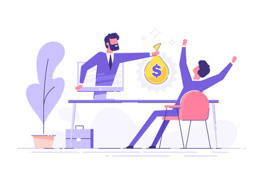 A man from a monitor holds out a bag of money to a happy man. Concept of earnings on the Internet, online income, gambling. Modern vector illustration.
