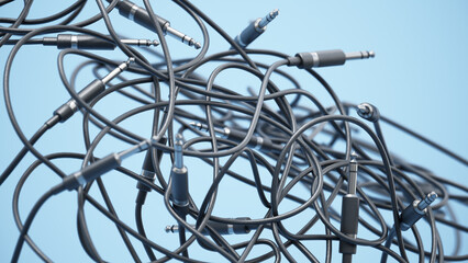 Abstract background with tangled audio cables with jacks. 3D illustration