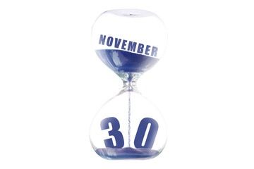 november 30th. Day 30 of month,Hour glass and calendar concept. Sand glass on white background with calendar month and date. schedule and deadline autumn month, day of the year concept