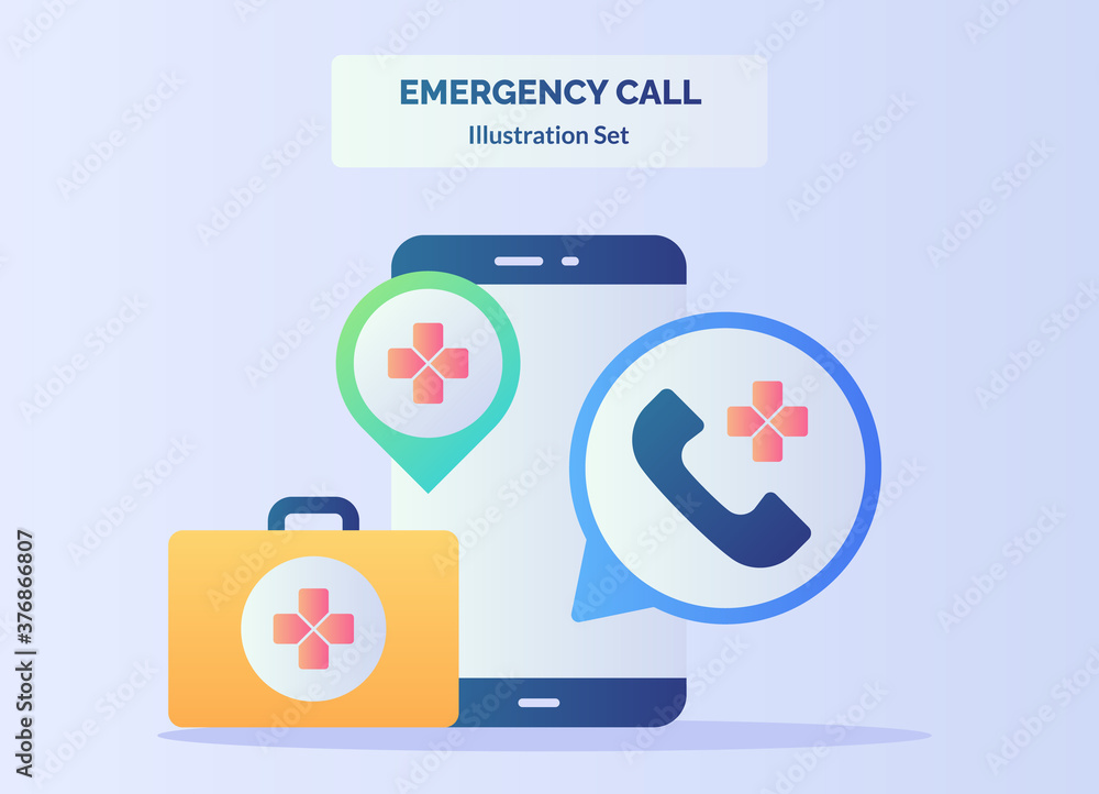 Poster emergency call illustration set smartphone background of red cross call phone suitcase point locatio