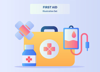 First aid illustration set red cross suitcase backgroound of medical equipment bottle drug wound blood bag with flat color style