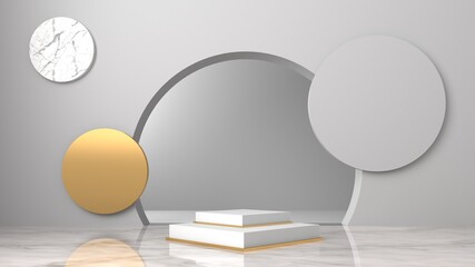 3d rendered studio with geometric shapes, podium on the floor. Platforms for product presentation, mock up background. Abstract composition in minimal design, luxury and gold colors