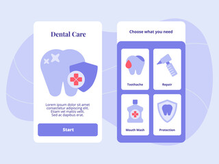 Dental care toothache repair mouth wash protection for mobile apps template banner page UI with two variations modern flat color style.