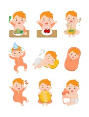9 cute happy babies and his daily routines, baby diapers, fever babies, sleeping babies, baby noodles, cartoon vector illustration, set, set, isolated