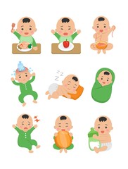 9 cute happy babies and his daily routines, baby diapers, fever babies, sleeping babies, baby noodles, cartoon vector illustration, set, set, isolated