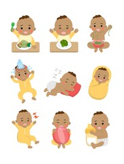 9 cute happy babies and his daily routines, baby diapers, fever babies, sleeping babies, baby noodles, cartoon vector illustration, set, set, isolated