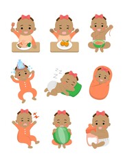 9 cute happy babies and his daily routines, baby diapers, fever babies, sleeping babies, baby noodles, cartoon vector illustration, set, set, isolated