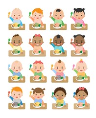 Cute baby daily illustration set, different races with skin color, baby food, baby noodles, eating, cartoon vector illustration, set, set, isolated