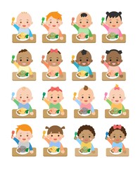 Cute baby daily illustration set, different races with skin color, baby food, baby noodles, eating, cartoon vector illustration, set, set, isolated