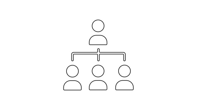 Black line Business hierarchy organogram chart infographics icon isolated on white background. Corporate organizational structure graphic elements. 4K Video motion graphic animation.