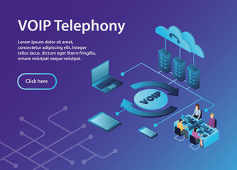 Concept VOIP telephony, isometric, example site page. VOIP Telephony Scheme