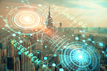 Data theme hologram drawing on city view with skyscrapers background double exposure. Technology...
