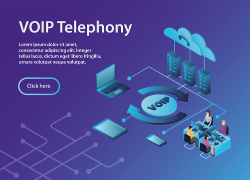 Concept VOIP telephony, isometric, example site page. VOIP Telephony Scheme