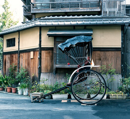 The cart of pulled rickshaw (ricksha) in Kyoto. Japan