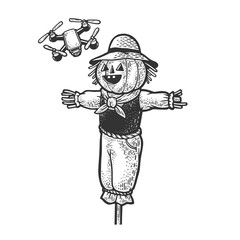 scarecrow scares off a quadcopter drone sketch engraving vector illustration. T-shirt apparel print design. Scratch board imitation. Black and white hand drawn image.