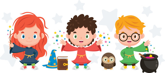 3 Cute and funny wizard magic kids with magic stick, book, owl, cauldron and magic hat