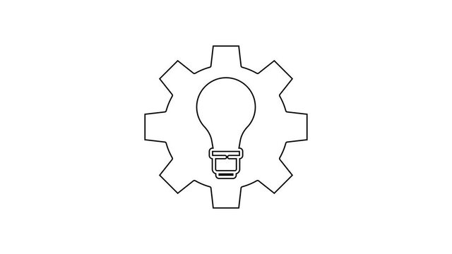 Black line Light bulb and gear icon isolated on white background. Innovation concept. Business idea. 4K Video motion graphic animation.