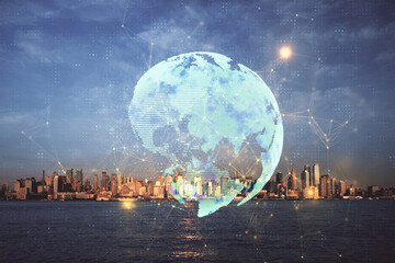 Double exposure of social network theme drawing and cityscape background. Concept of people...