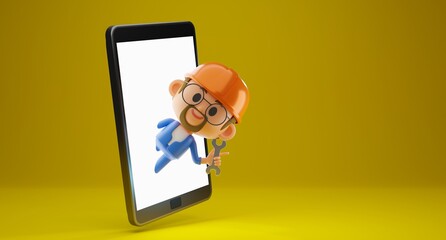 3D render concept illustration of cute worker character with hard hat holding a wrench coming out of glowing screen smartphone 