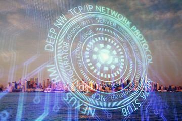 Data theme hologram drawing on city view with skyscrapers background multi exposure. Bigdata concept.