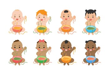 Cute baby daily illustration set, different races with skin color, grabbing baby noodles by hand to eat, dirty, cartoon vector illustration, set, set, isolated