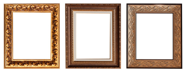 Frames baguettes gold silver set isolated on white background pattern.