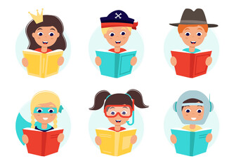 Children read books in the costumes of fairy tale characters. A set of cute boys and girls who love to read about pirates, princesses, cowboys, astronauts, superheros and scuba divers. 