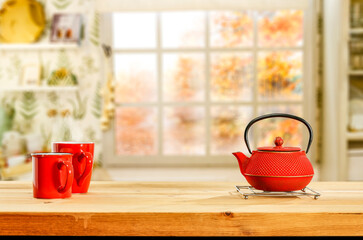 Desk of free space for your decoration and autumn window background 