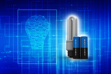3d rendering Electrical energy and power supply source concept, accumulator battery with cfl bulb