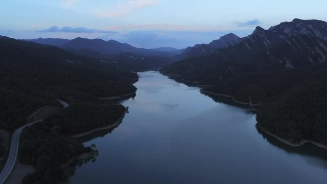 Reservoir in Berga.Barcelona. Catalonia,Spain. Aerial Drone Footage
