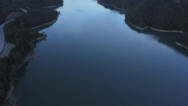 Reservoir in Berga.Barcelona. Catalonia,Spain. Aerial Drone Footage