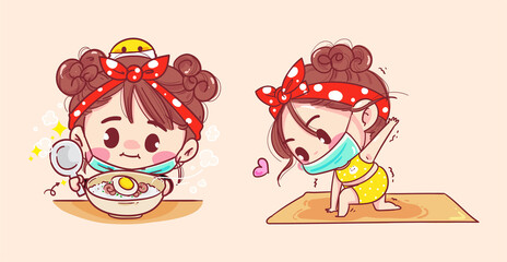 Woman wearing a face mask and eating or exercise for health care on quarantine background with epidemic prevention.