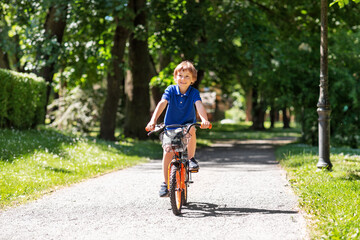 childhood, leisure and people - happy smiling little boy riding bicycle at summer park