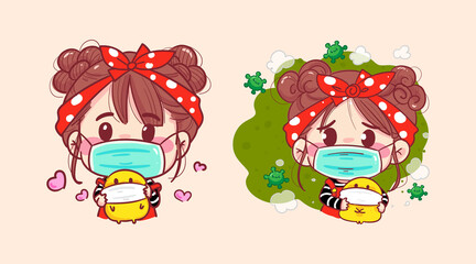 Woman wearing a face mask for protection pollution or coronavirus on quarantine background with epidemic prevention.