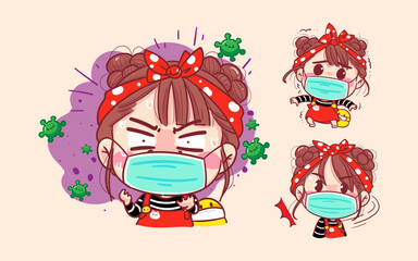 Women wearing a mask is shocked and alert for protection coronavirus on quarantine background with epidemic prevention.