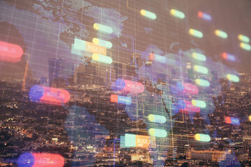 Data theme hologram drawing on city view with skyscrapers background double exposure. Ai concept.