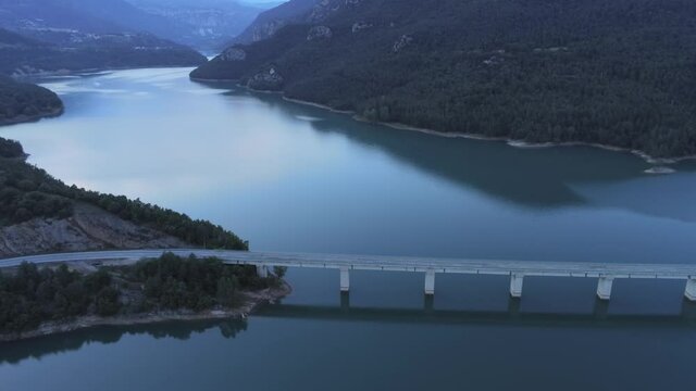 Reservoir in Berga.Barcelona. Catalonia,Spain. Aerial Drone Footage