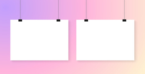 Poster template of a paper sheet. Collection empty paper frame mockup hanging with paper clip. Isolated on colorful background. Trendy vector illustration for web and print.