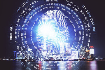 Double exposure of finger print hologram and cityscape background. Concept of personal security.